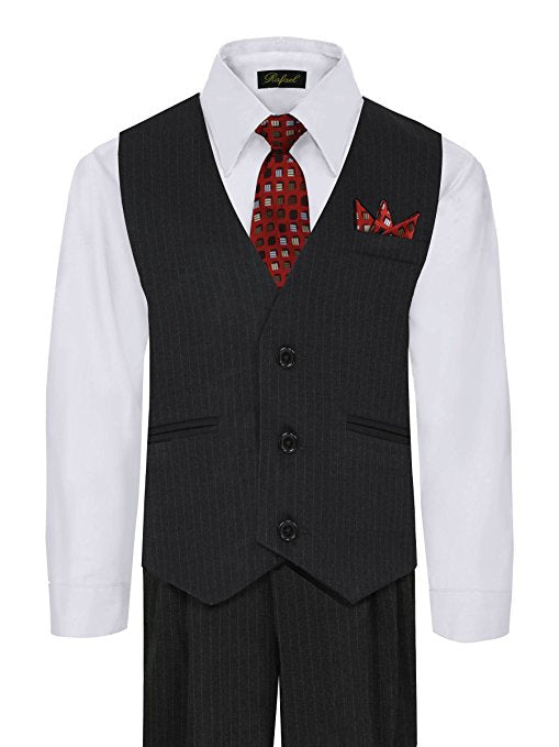Boys Vest Pants Pinstriped 5 Piece Set With Shirt And Tie - White