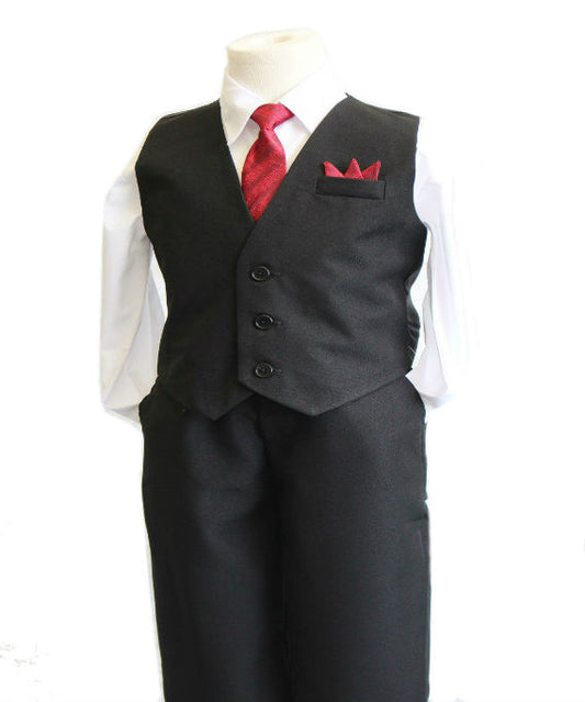 Boys Vest Pants Solid  5 Piece Set With Shirt And Tie -Black / White