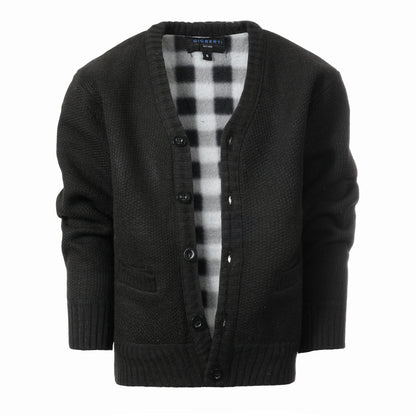 Cardigan Sweater with Soft Brushed Flannel Lining and Pockets -Black