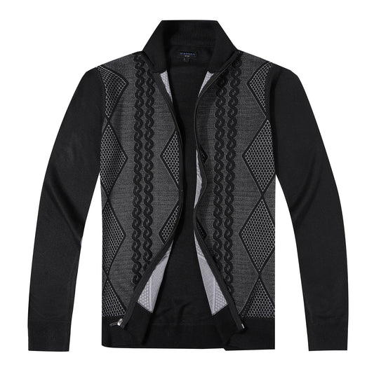 Full Zip Lightweight Geometric Design Cardigan Sweater -Black