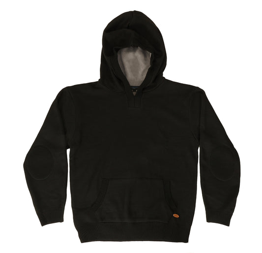 Knitted Pullover Hoodie Sweater With Sherpa Underlining- Black