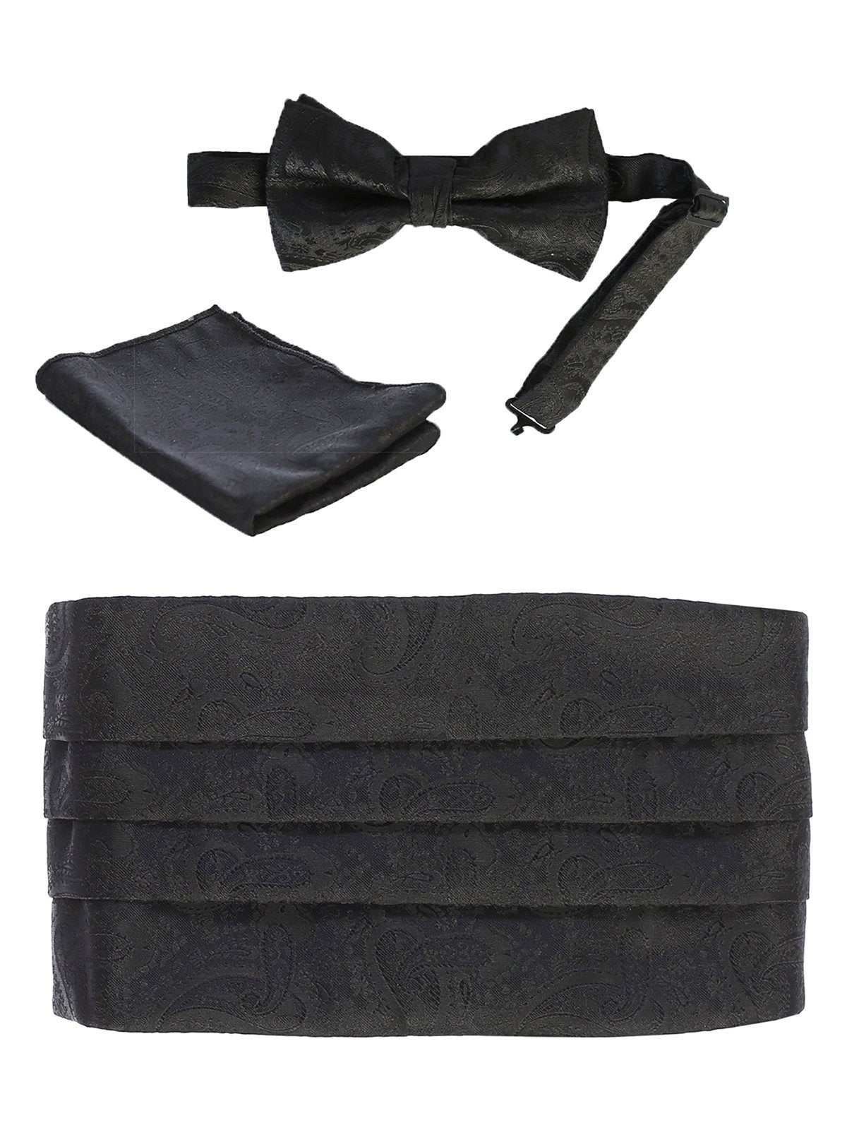 Adjustable Paisley Cummerbund Set With Formal Bow Tie and Pocket Square