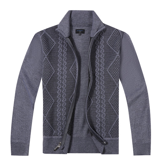 Full Zip Lightweight Geometric Design Cardigan Sweater - Charcoal