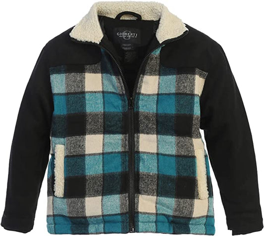Full Zip Wool-Like Plaid Jacket with Warm Cozy Inner Padding and Sherpa Collar- Green