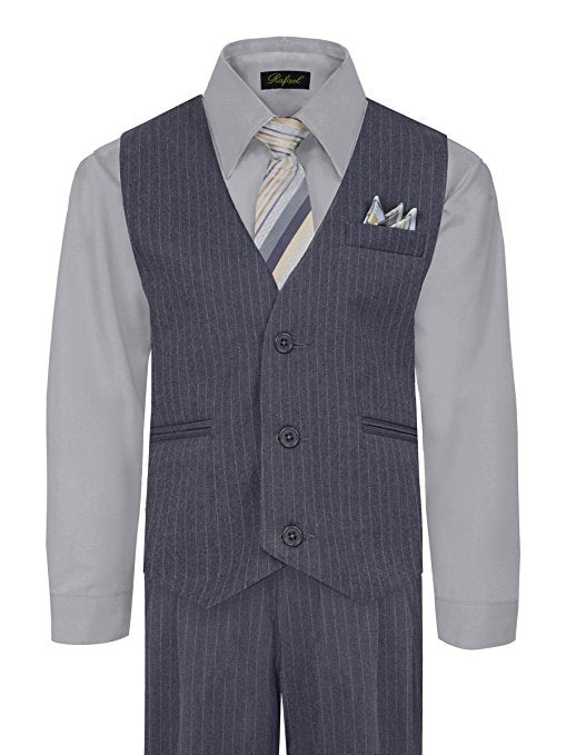 Boys Vest Pants Pinstriped 5 Piece Set With Shirt And Tie - Gray / Silver