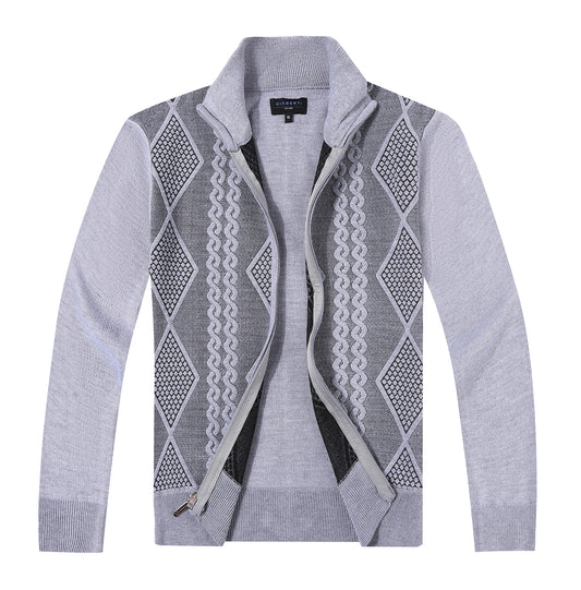 Full Zip Lightweight Geometric Design Cardigan Sweater - Gray
