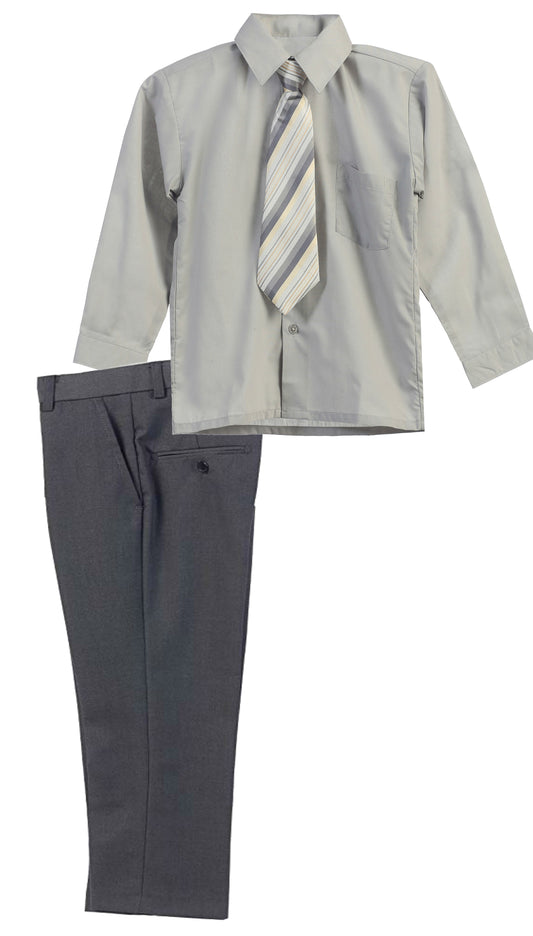 Boys Dress Pants Set With Shirt And Tie -Gray Pants / Silver Gray Shirt