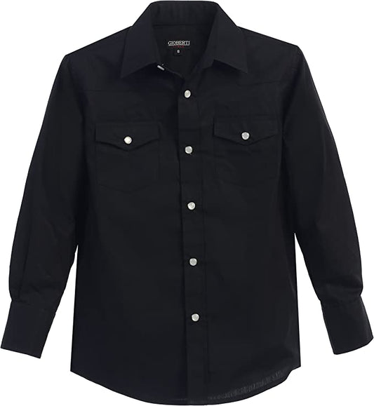 Boy's Solid Long Sleeve Western Shirt - Black