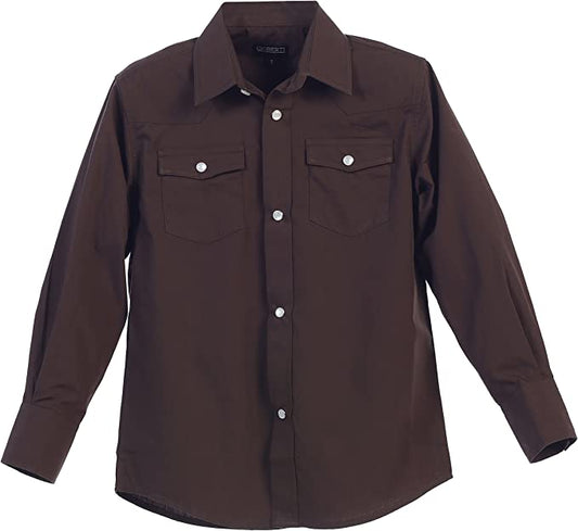 Boy's Solid Long Sleeve Western Shirt - Brown