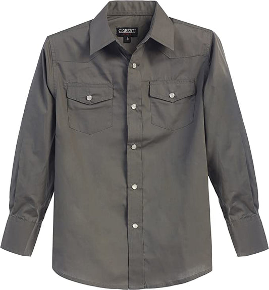 Boy's Solid Long Sleeve Western Shirt - Dark Gray