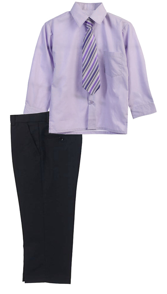 Boys Dress Pants Set With Shirt And Tie -Black Pants / Lilac Shirt