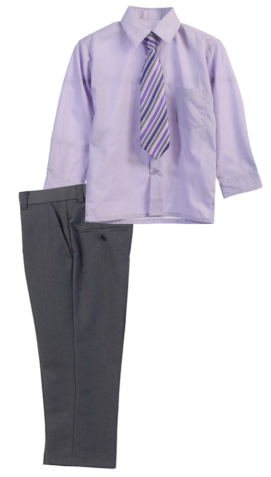 Boys Dress Pants Set With Shirt And Tie -Gray Pants / Lilac Shirt