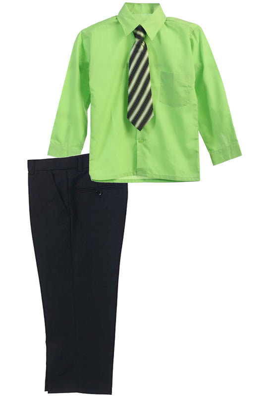 Boys Dress Pants Set With Shirt And Tie -Black Pants / Lime Shirt