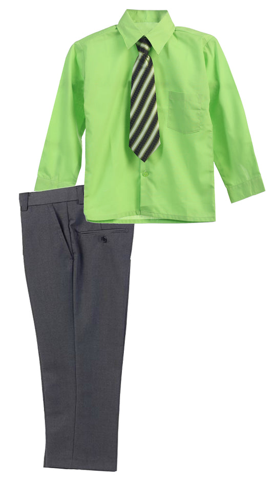 Boys Dress Pants Set With Shirt And Tie -Gray Pants / Lime Shirt