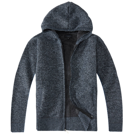 Full Zip Knitted Cardigan Sweater with Hoody and Sherpa Lining - Blue
