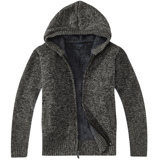 Full Zip Knitted Cardigan Sweater with Hoody and Sherpa Lining - Charcoal