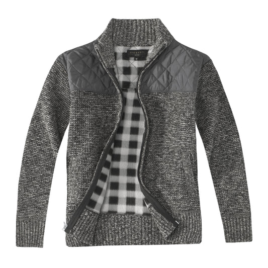 Knitted Full Zip Cardigan Sweater with Soft Brushed Flannel Lining - Charcoal
