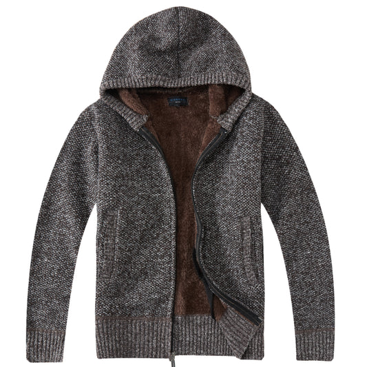 Full Zip Knitted Cardigan Sweater with Hoody and Sherpa Lining - Coffee