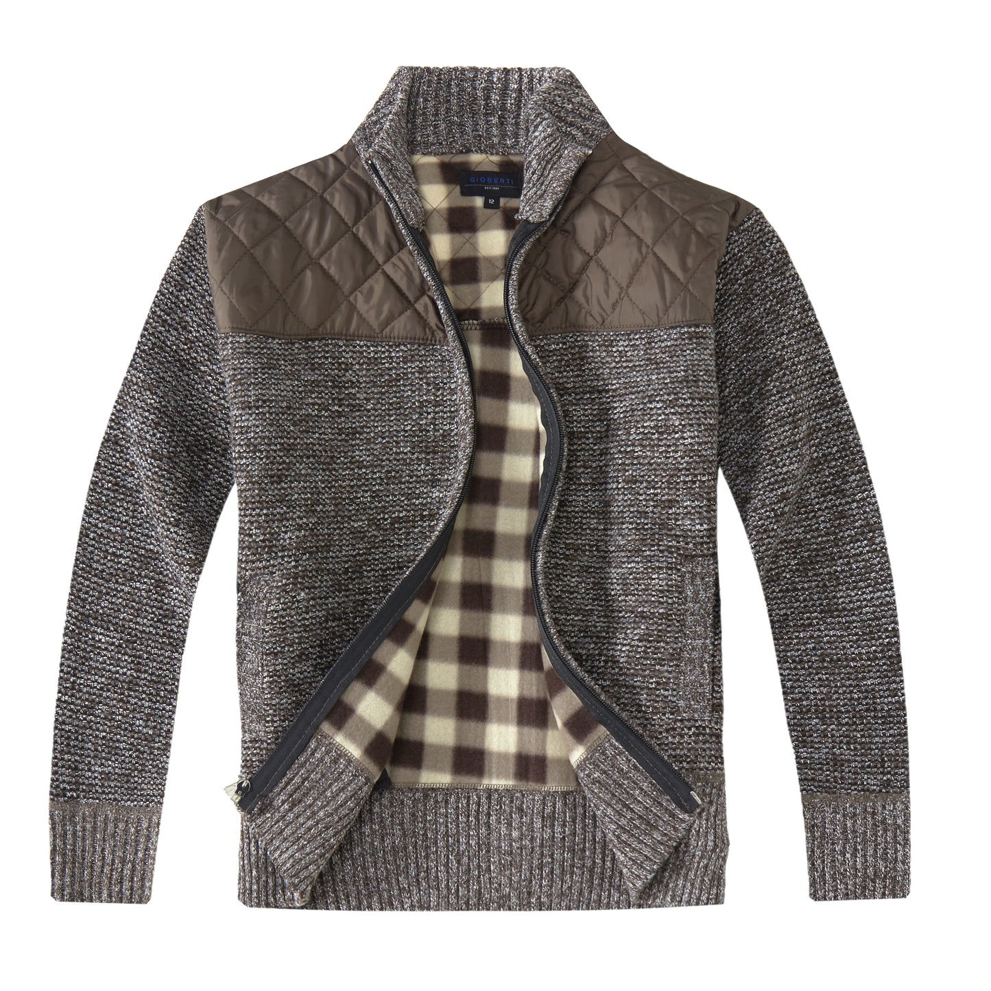 Knitted Full Zip Cardigan Sweater with Soft Brushed Flannel Lining - Coffee