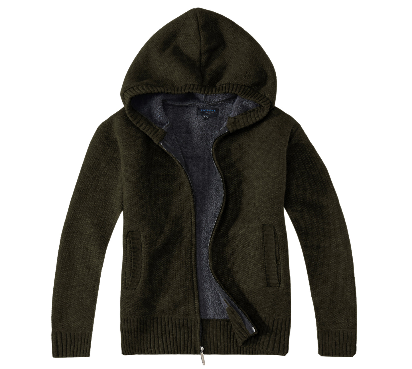 Full Zip Knitted Cardigan Sweater with Hoody and Sherpa Lining - Olive
