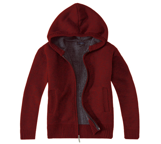Full Zip Knitted Cardigan Sweater with Hoody and Sherpa Lining - Red