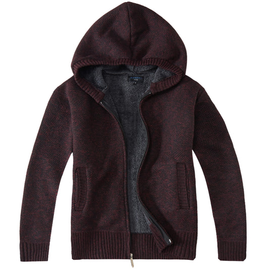 Full Zip Knitted Cardigan Sweater with Hoody and Sherpa Lining - Wine
