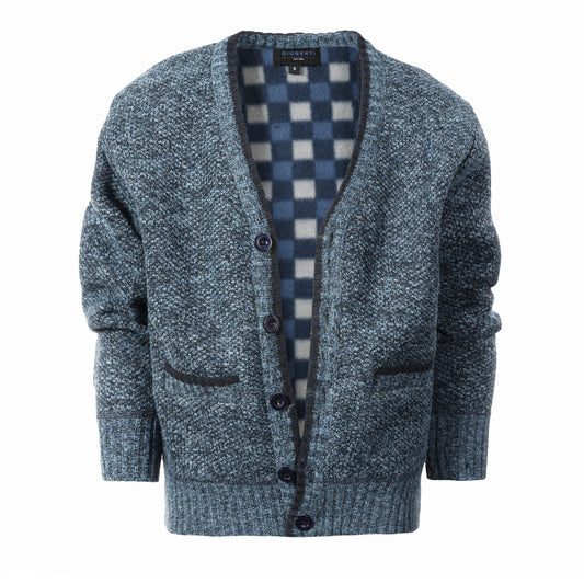 Cardigan Sweater with Soft Brushed Flannel Lining and Pockets - Navy