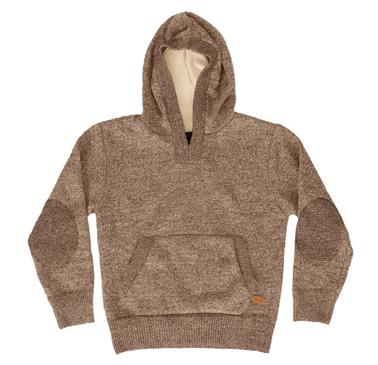 Knitted Pullover Hoodie Sweater With Sherpa Underlining- Camel