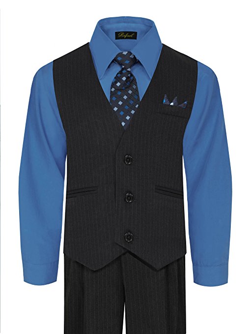 Boys Vest Pants Pinstriped 5 Piece Set With Shirt And Tie - Navy Vest And Pants / Victoria Blue
