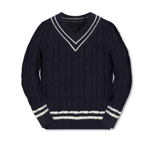 V-Neck Cable Knit Sweater 100% Cotton -Navy
