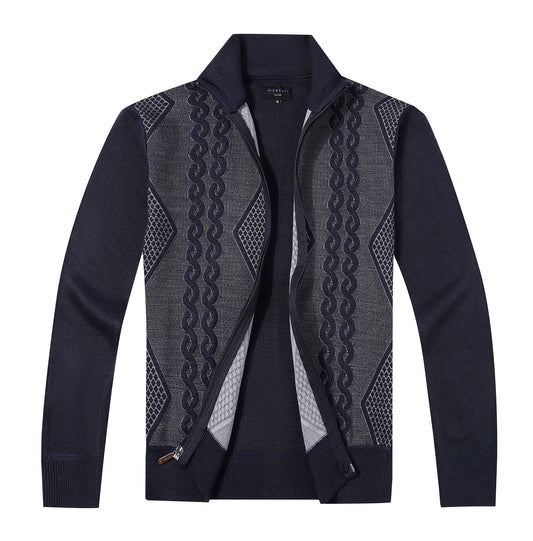 Full Zip Lightweight Geometric Design Cardigan Sweater -Navy