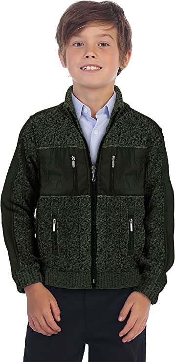 Full Zip Cardigan Patch Design Sweater with Brushed Flannel Lining - Olive