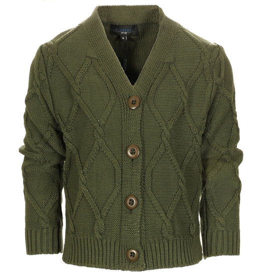 Boys Knitted V-Neck Button Up Cardigan Sweater - Olive