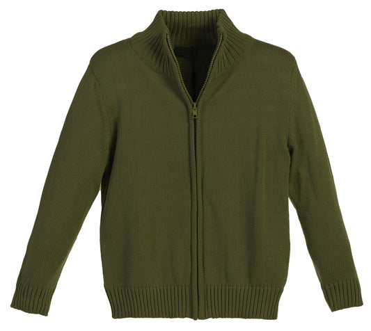 Knitted Full Zip 100% Cotton Sweater - Olive