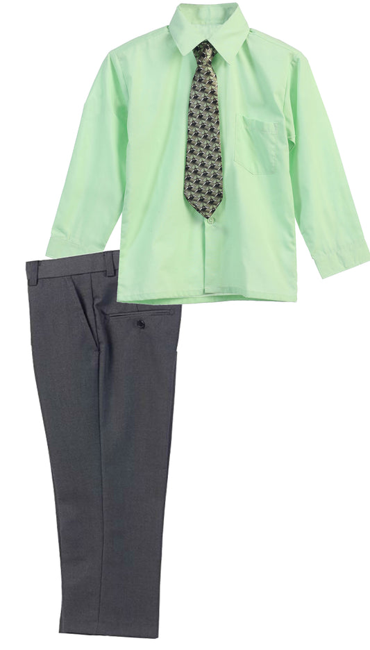 Boys Dress Pants Set With Shirt And Tie -Gray Pants / Pastel Green Shirt