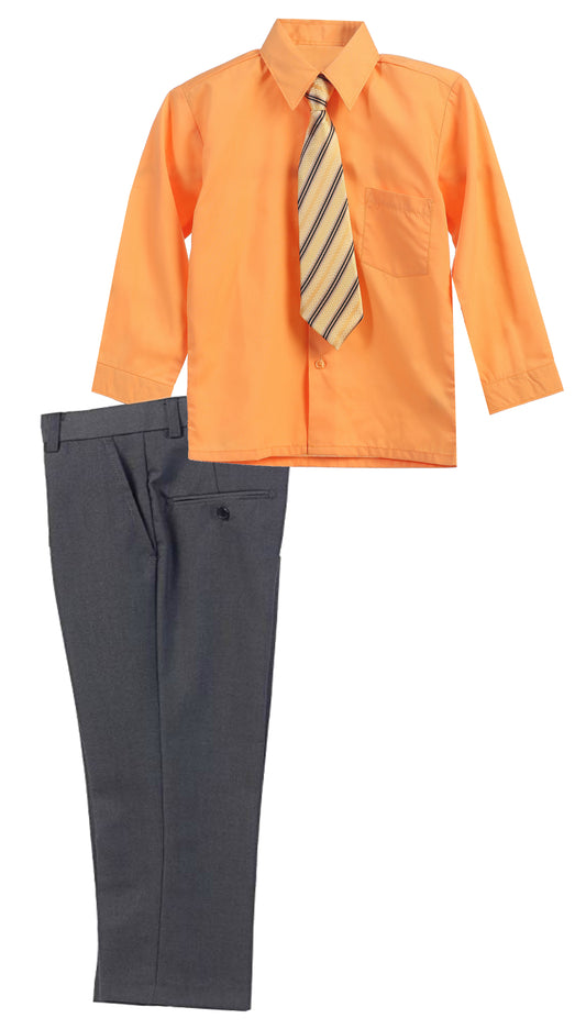 Boys Dress Pants Set With Shirt And Tie -Gray Pants / Pumpkin Shirt