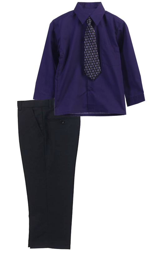Boys Dress Pants Set With Shirt And Tie -Black Pants / Purple  Shirt