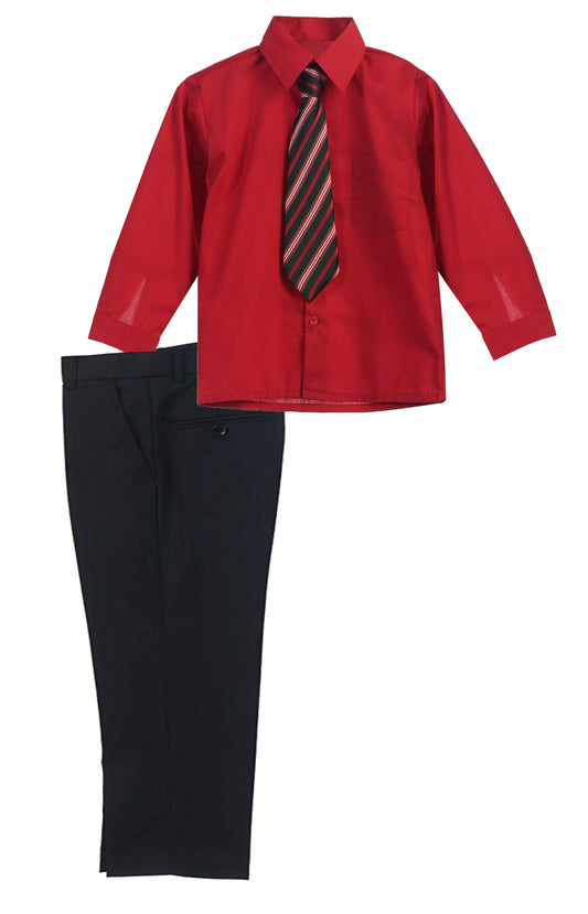 Boys Dress Pants Set With Shirt And Tie -Black Pants / Red Shirt