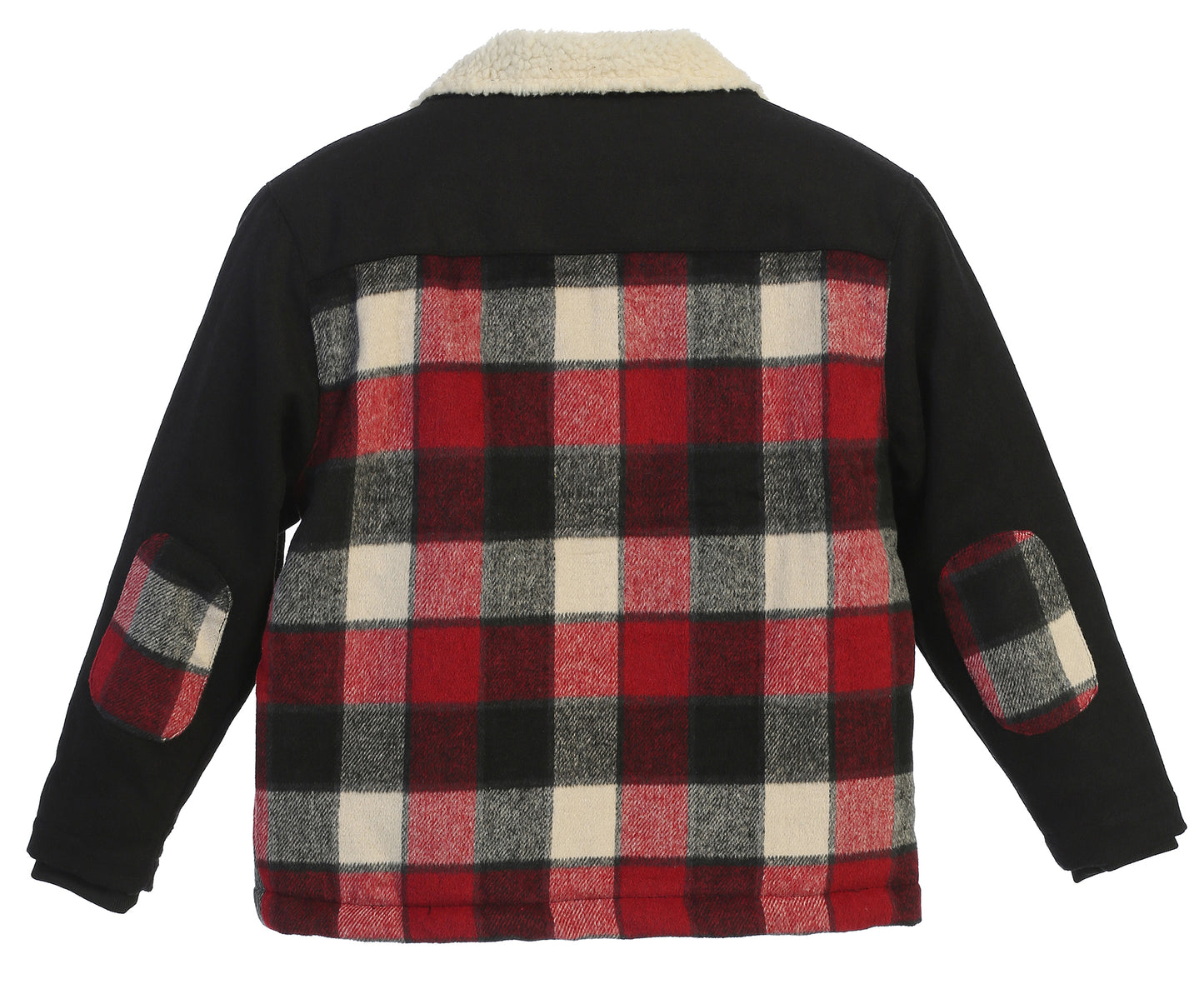 Full Zip Wool-Like Plaid Jacket with Warm Cozy Inner Padding and Sherpa Collar- Red