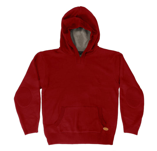 Knitted Pullover Hoodie Sweater With Sherpa Underlining- Red