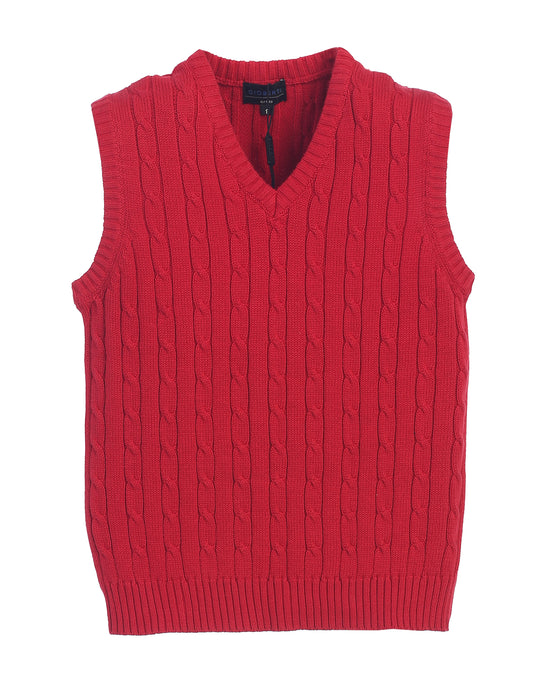 Soft V-Neck Cable Knit Sweater Vest- Red