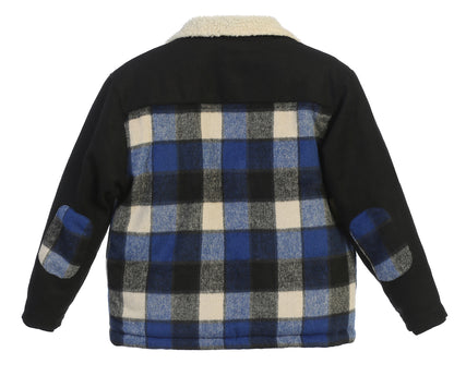 Full Zip Wool-Like Plaid Jacket with Warm Cozy Inner Padding and Sherpa Collar- Royal Blue
