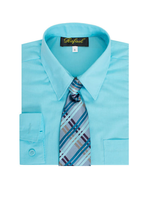 Boys Solid Long Sleeve Dress Shirt With Tie - Artic Blue