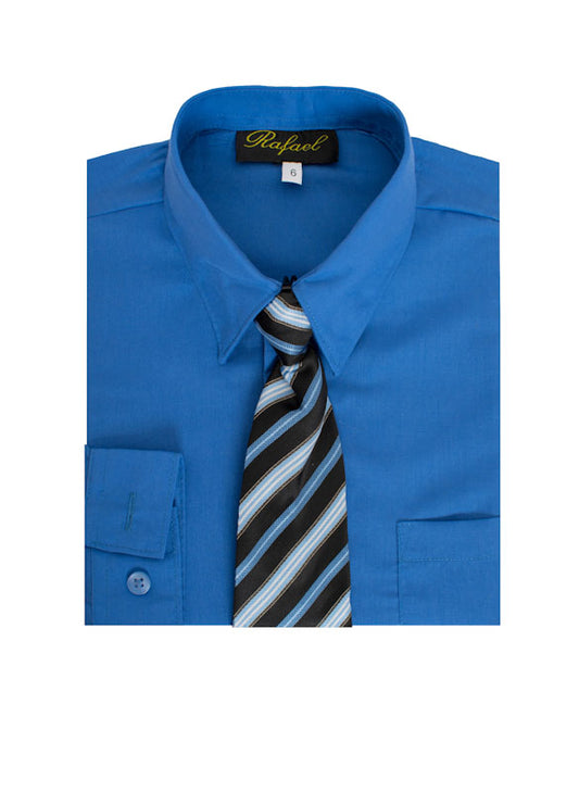 Boys Solid Long Sleeve Dress Shirt With Tie -Azure Blue