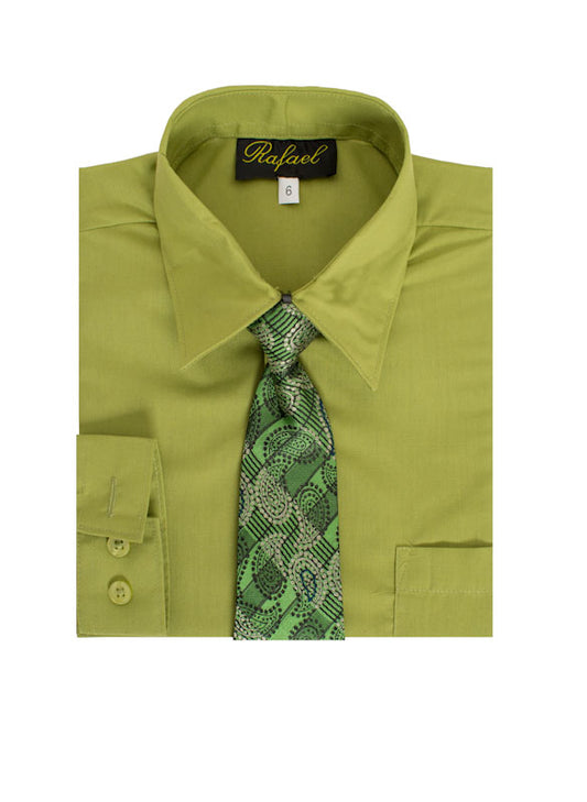 Boys Solid Long Sleeve Dress Shirt With Tie - Olive