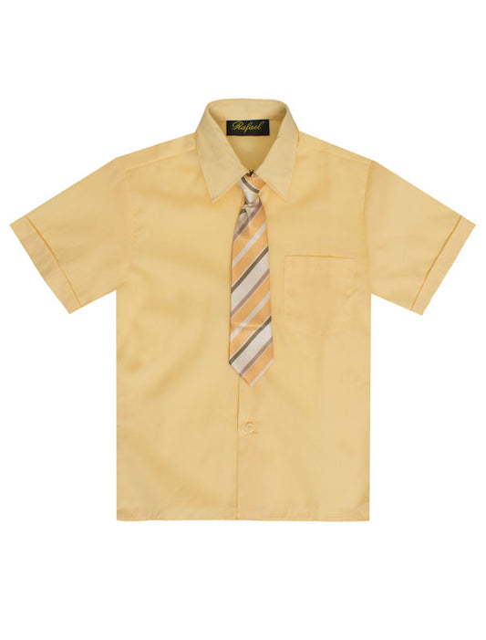 Boys Solid Short Sleeve Dress Shirt With Tie -Banana