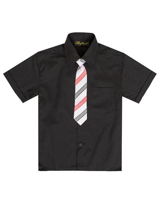 Boys Solid Short Sleeve Dress Shirt With Tie -Black