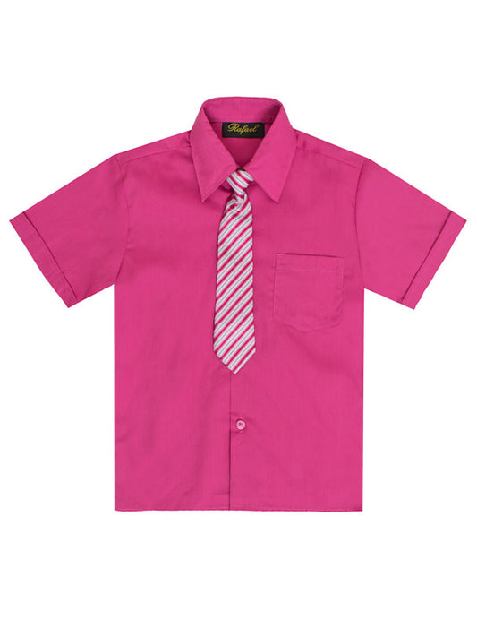 Boys Solid Short Sleeve Dress Shirt With Tie -Fuchsia