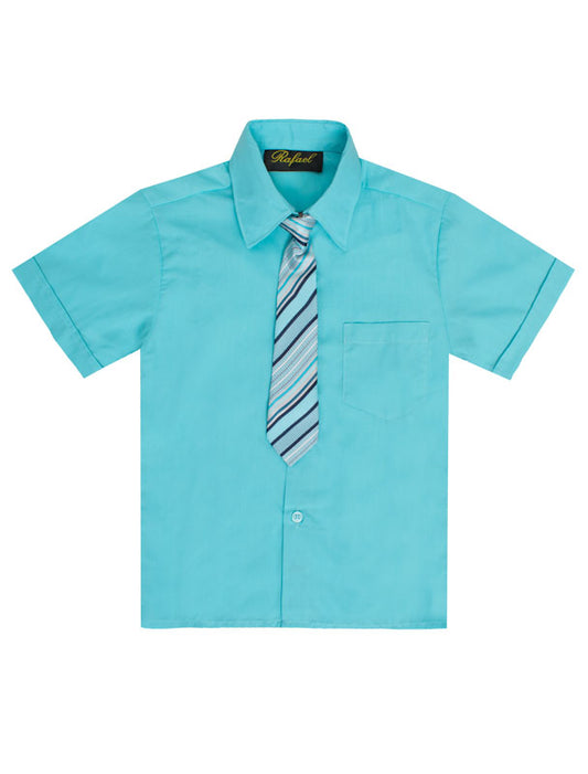 Boys Solid Short Sleeve Dress Shirt With Tie - Hawaiian Blue