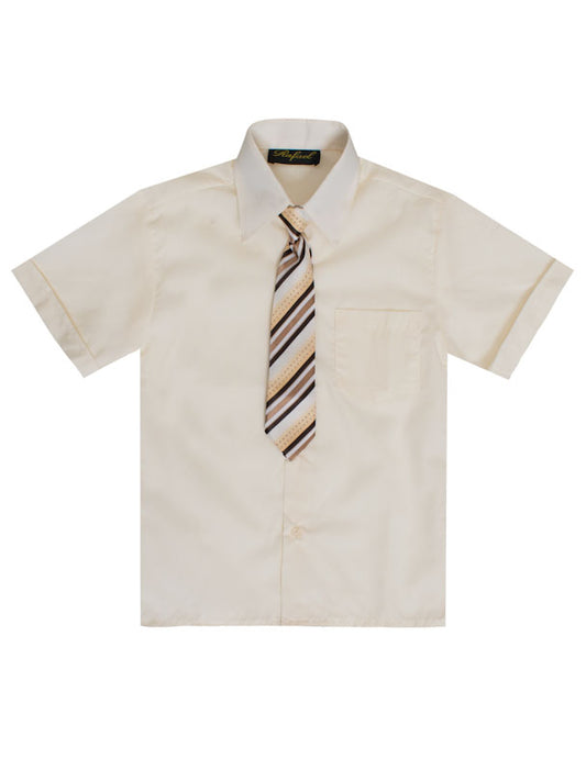 Boys Solid Short Sleeve Dress Shirt With Tie - Ivory